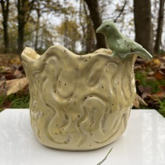 Gul blomsterkrukke m. fugl